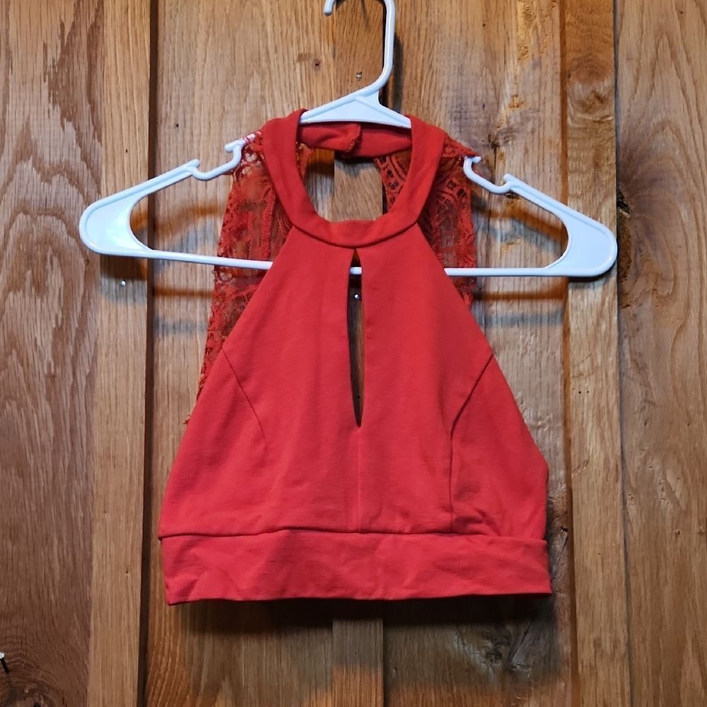 Lulus Lace Back Bodycon Cut Out Halter Neck Crop Top, Small, Red